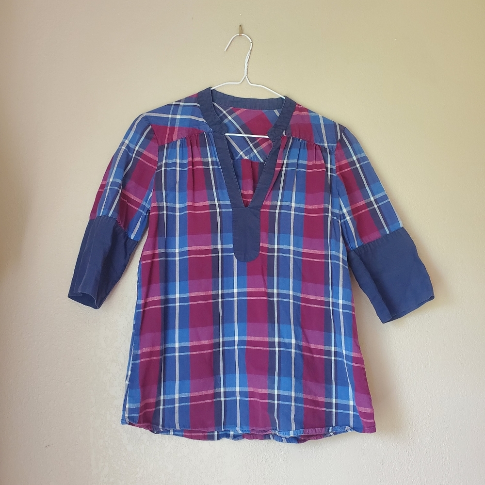 Matix women' 100% cotton deep V-neck purple blue white plaid casual blouse shirt